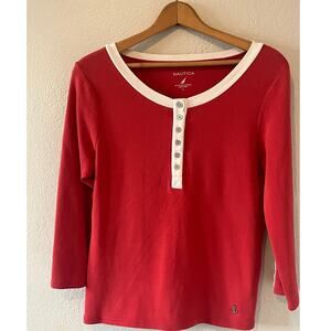 Women's Vintage Nautica Off-Red and White Metal Anchor Shirt Top Size Large